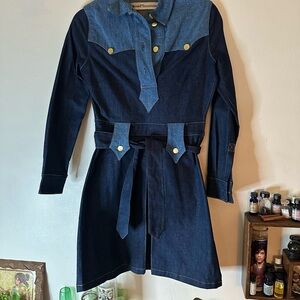 Stoned Immaculate Midnight Cowgirl Blue Denim Dress with Gold Buttons XS
